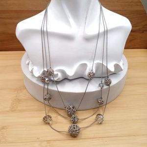 Triple Cascading Strand Crystal & Silver Tone Filigree Bead Rhinestones Necklace